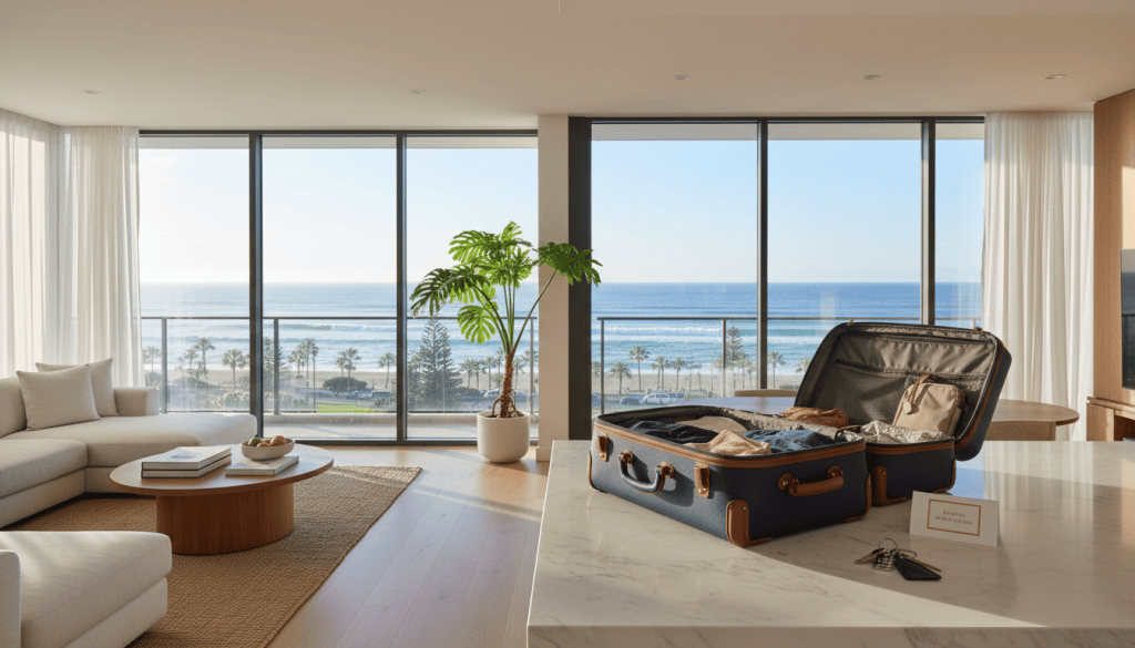 Keys and suitcases in a sunlit coastal apartment overlooking the ocean