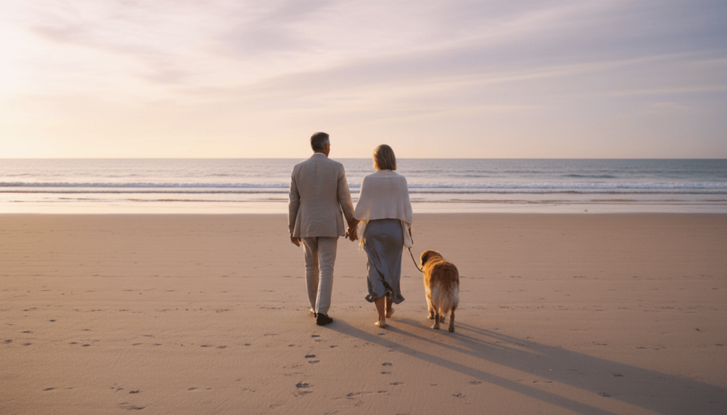 Couple walking on an Australian beach at dusk with their dog