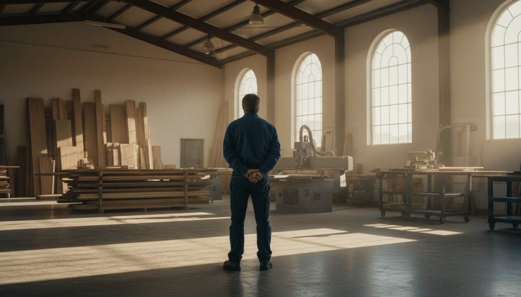Business owner standing in his workshop in morning light
