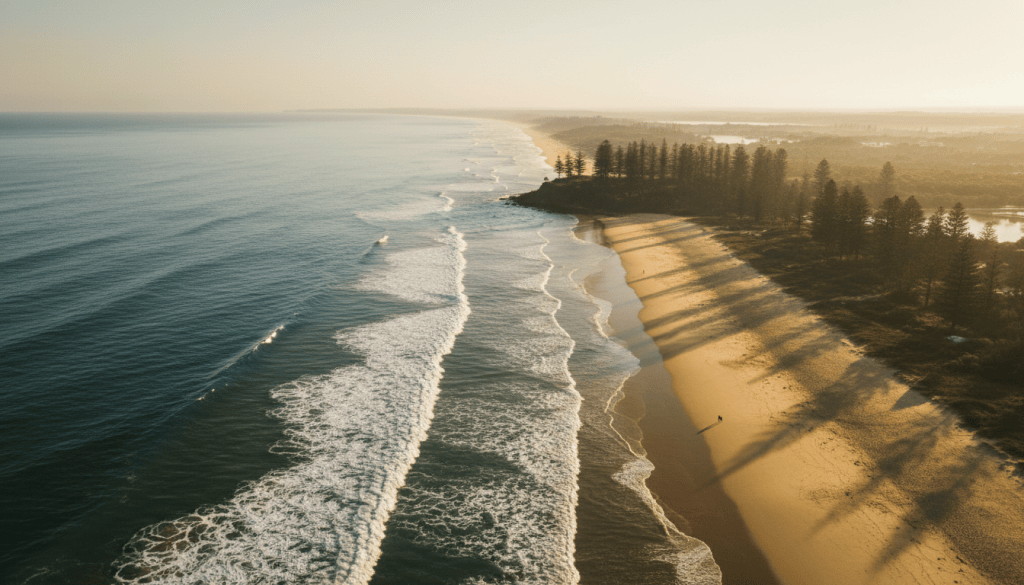 Aerial view of a Gold Coast beach and headland at first light