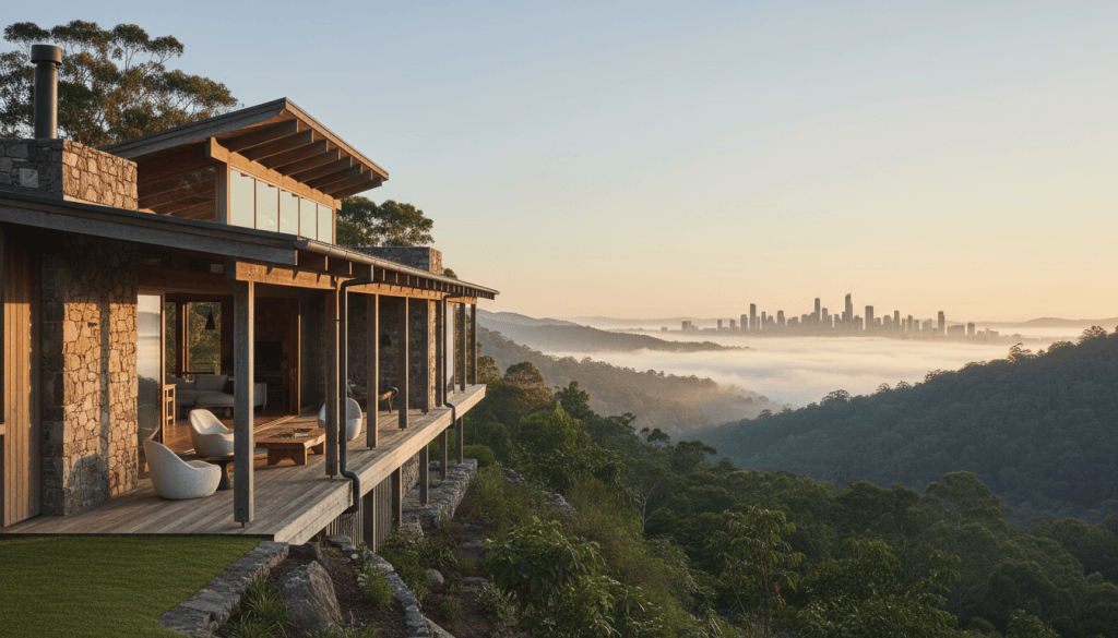 Modern timber and stone home in the Gold Coast hinterland at golden hour
