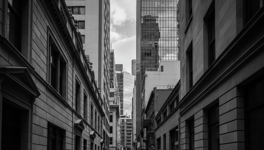 Black and white Melbourne laneway with historic and modern buildings